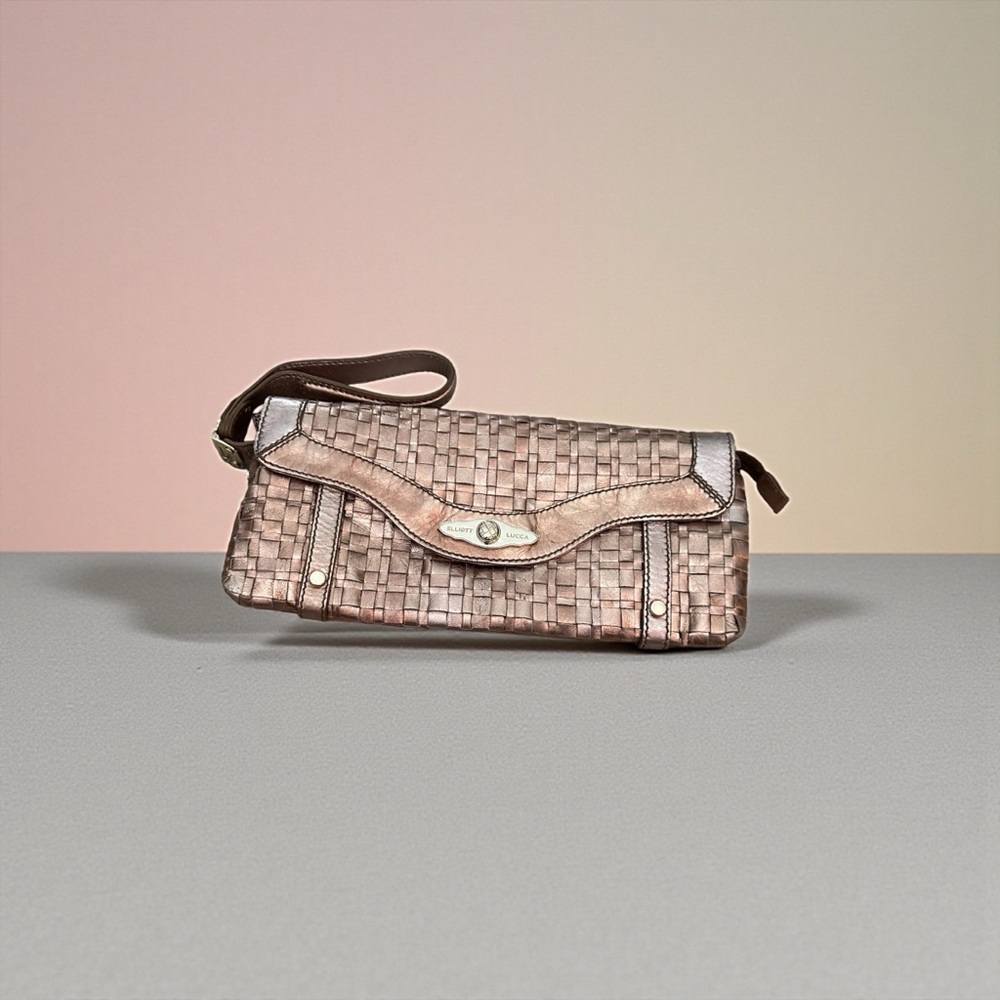 Elliott Lucca Woven Pink Metallic Rose-Gold Leather Wristlet Clutch